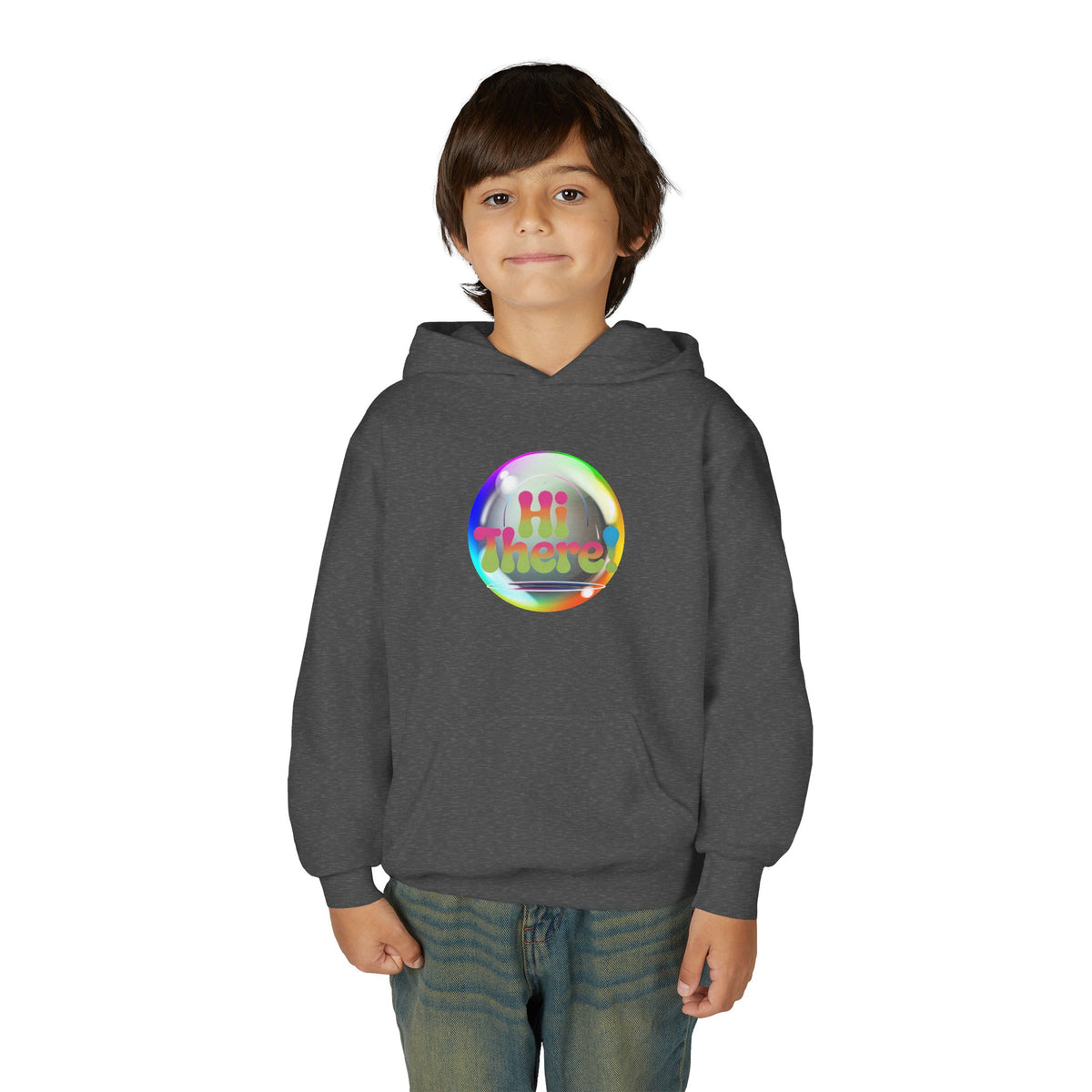 Colorful Youth Hoodie with 'Hi There!' Design – Perfect for Casual Wear, Birthday Gifts, School Events, Holidays, and Beyond Printify