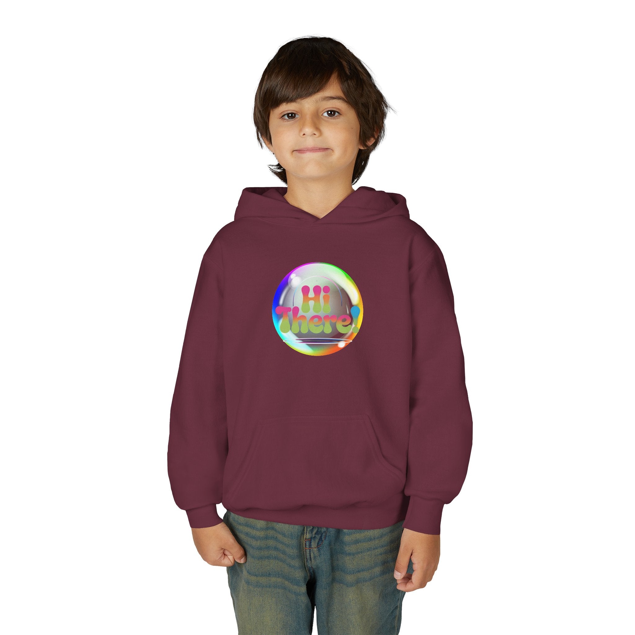 Colorful Youth Hoodie with 'Hi There!' Design – Perfect for Casual Wear, Birthday Gifts, School Events, Holidays, and Beyond Printify