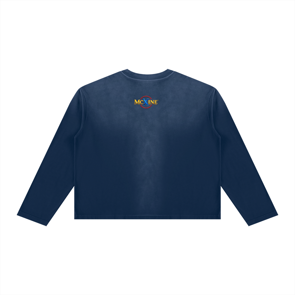 Spooky Night Skeleton Long Sleeve Shirt -  Vintage-Wash Boxy Halloween Tee - Blood Moon Drip Graphic