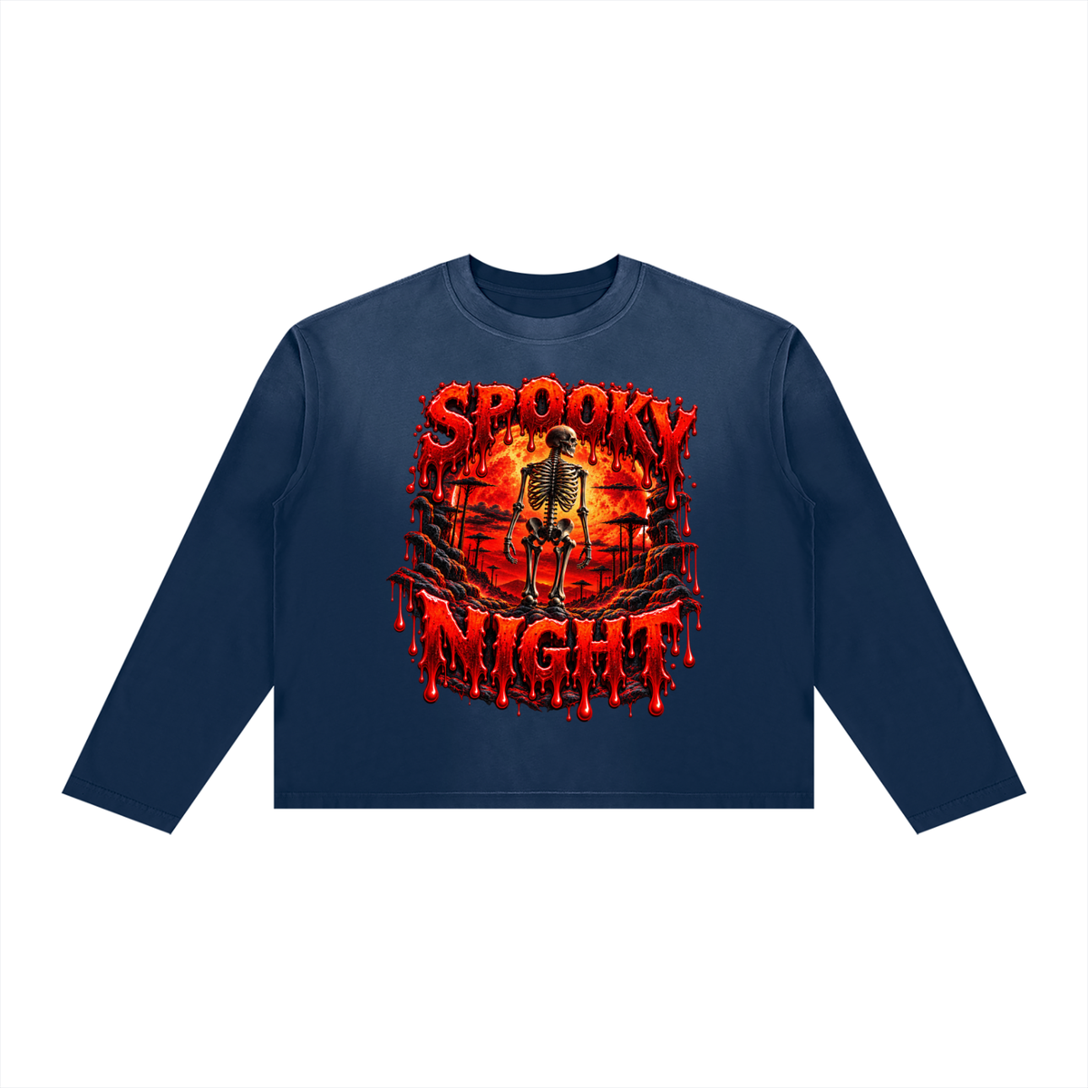 Spooky Night Skeleton Long Sleeve Shirt -  Vintage-Wash Boxy Halloween Tee - Blood Moon Drip Graphic