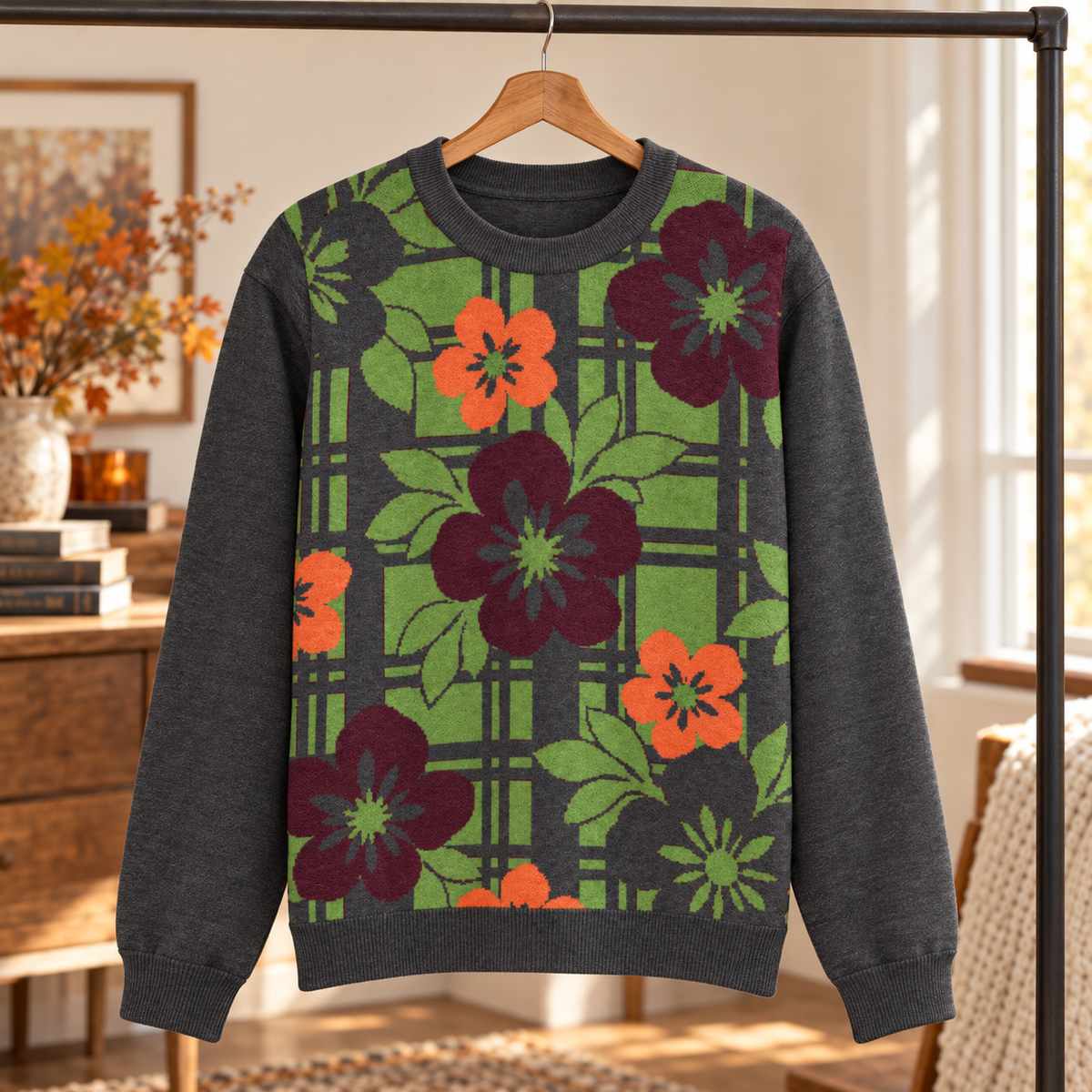 Floral Trellis Knitted Jumper – Charcoal, Unisex