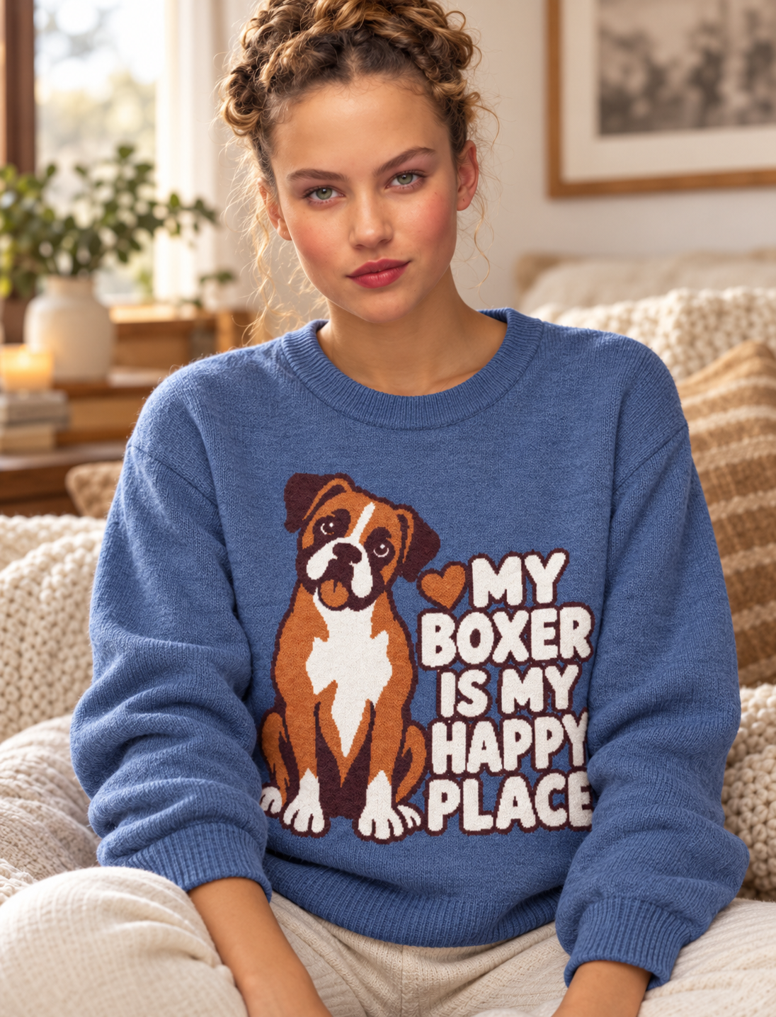 My Boxer Is My Happy Place Knitted Jumper – Heather Blue, Unisex