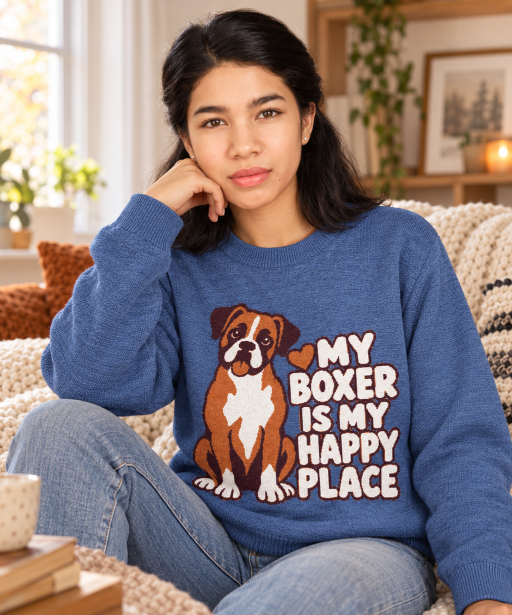 My Boxer Is My Happy Place Knitted Jumper – Heather Blue, Unisex