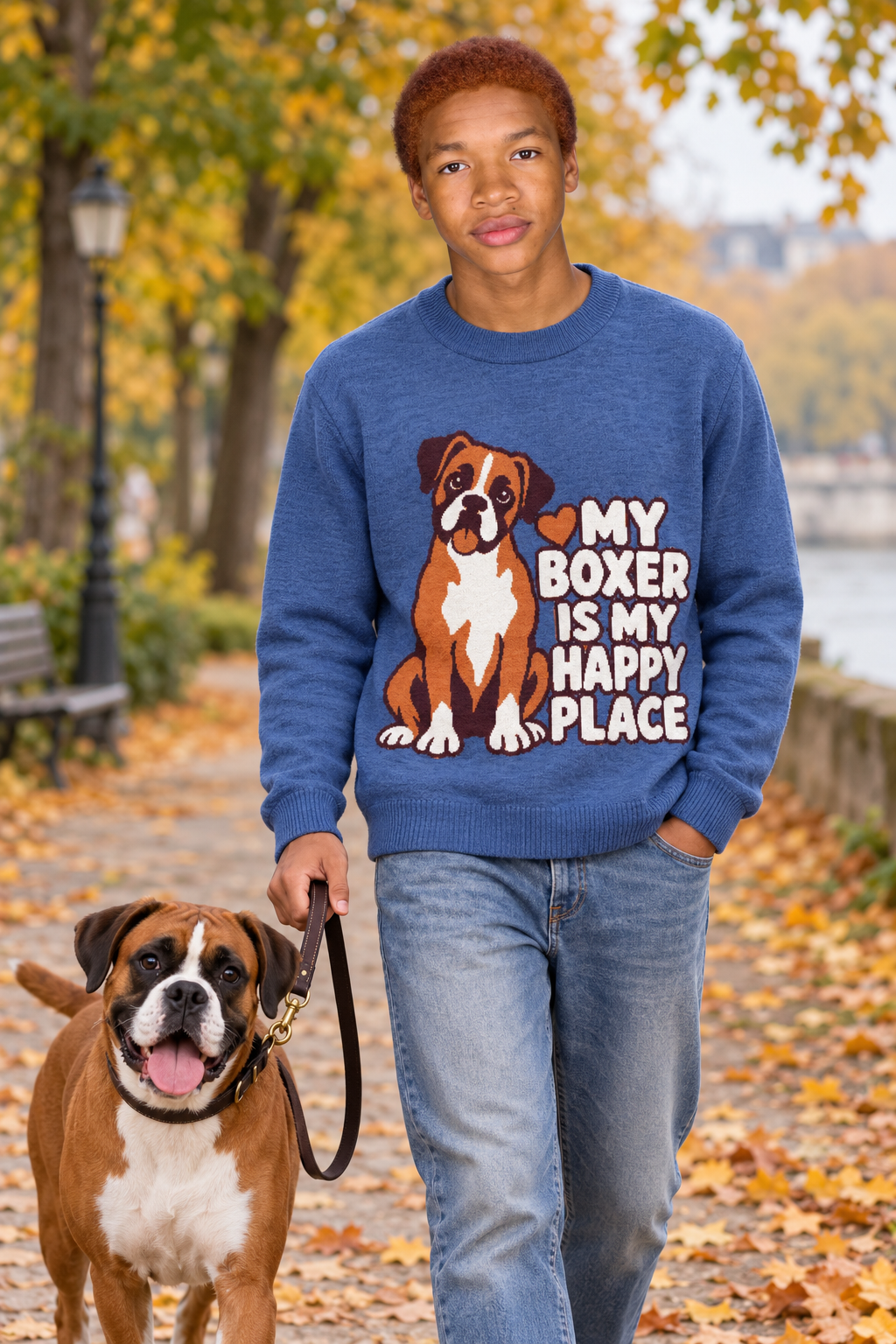 My Boxer Is My Happy Place Knitted Jumper – Heather Blue, Unisex