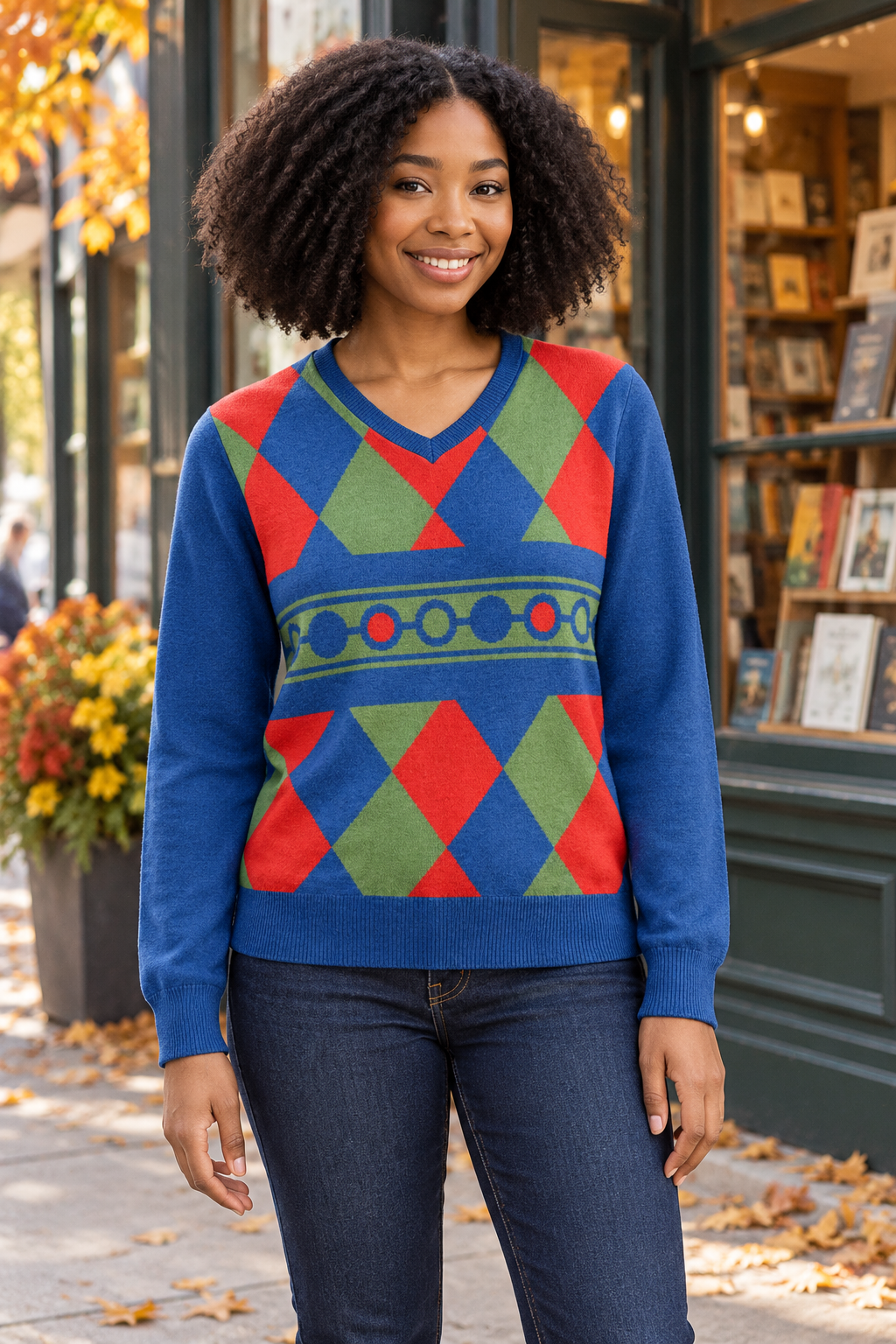 McXine Harlequin V-Neck Knitted Pullover - Unisex Knitted V Neck Classic Fit Sweater