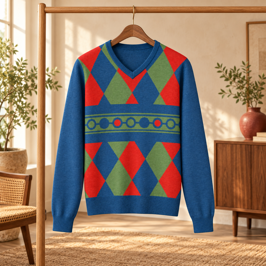 McXine Harlequin V-Neck Knitted Pullover - Unisex Knitted V Neck Classic Fit Sweater