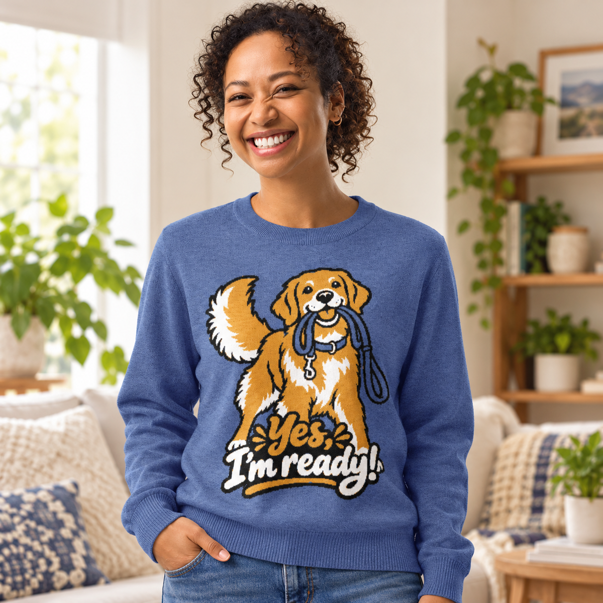 Yes, I'm Ready! Golden Retriever Knitted Jumper – Heather Blue, Unisex