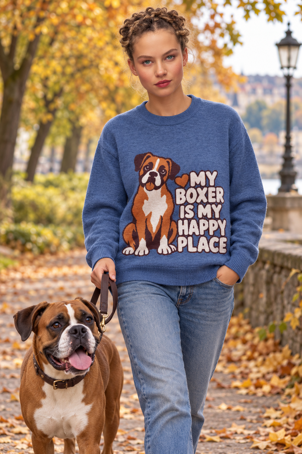 My Boxer Is My Happy Place Knitted Jumper – Heather Blue, Unisex