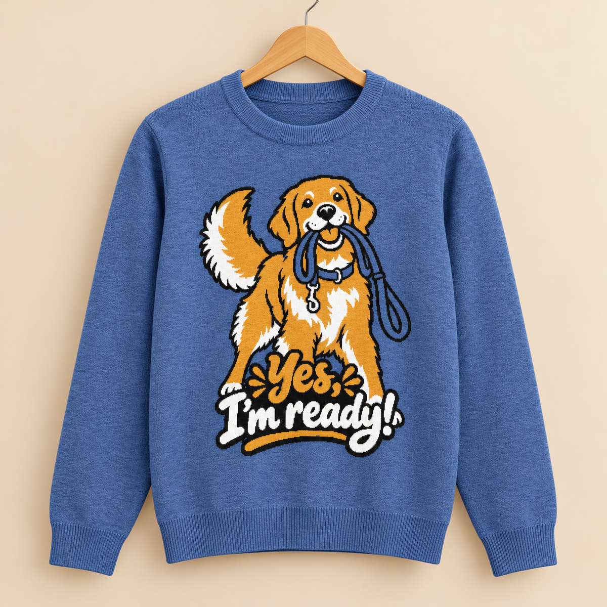 Yes, I'm Ready! Golden Retriever Knitted Jumper – Heather Blue, Unisex