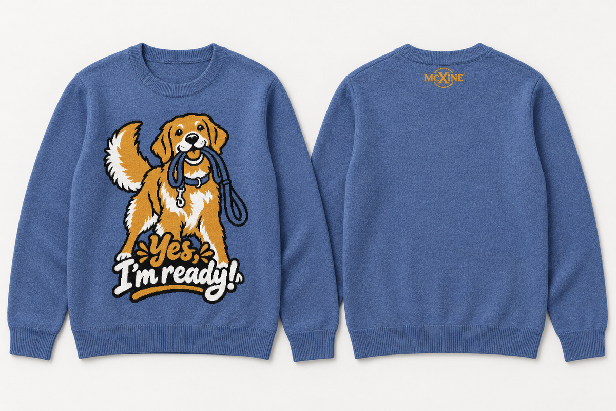 Yes, I'm Ready! Golden Retriever Knitted Jumper – Heather Blue, Unisex