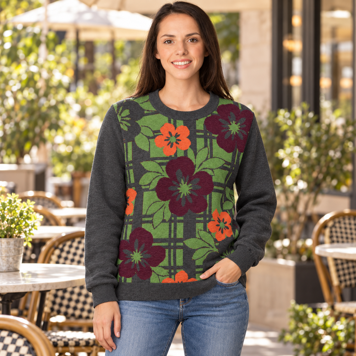 Floral Trellis Knitted Jumper – Charcoal, Unisex