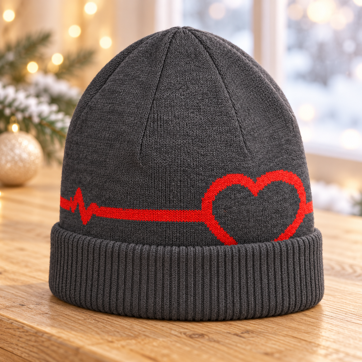 Heart Line Knitted Beanie – Charcoal, Unisex