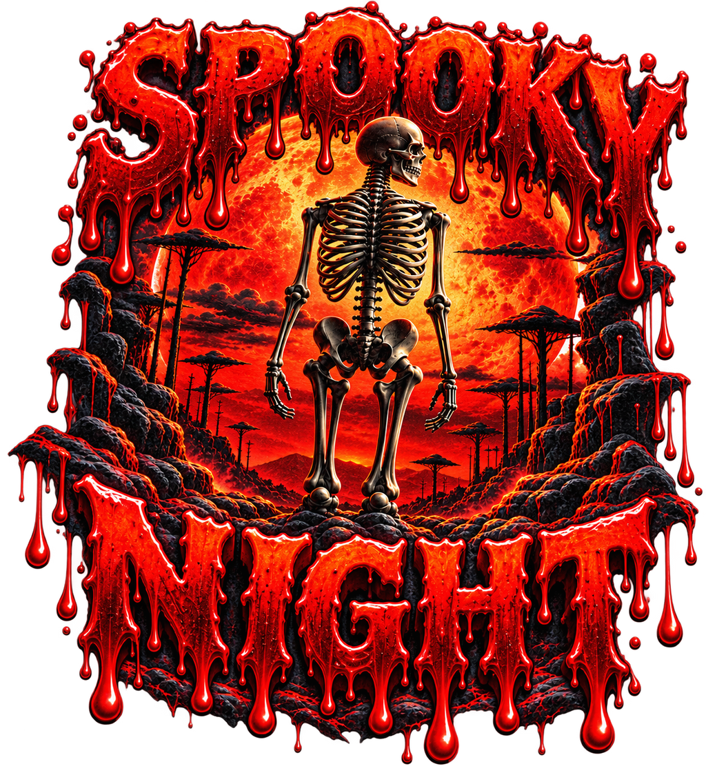 Spooky Night Skeleton Long Sleeve Shirt -  Vintage-Wash Boxy Halloween Tee - Blood Moon Drip Graphic