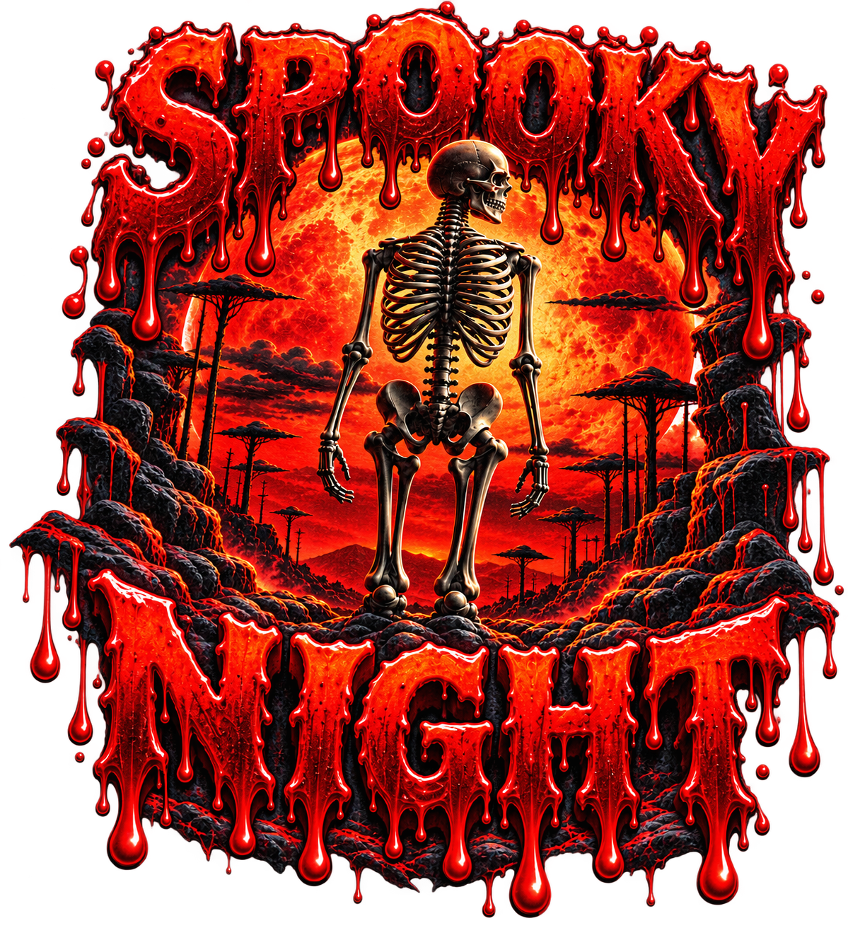 Spooky Night Skeleton Long Sleeve Shirt -  Vintage-Wash Boxy Halloween Tee - Blood Moon Drip Graphic