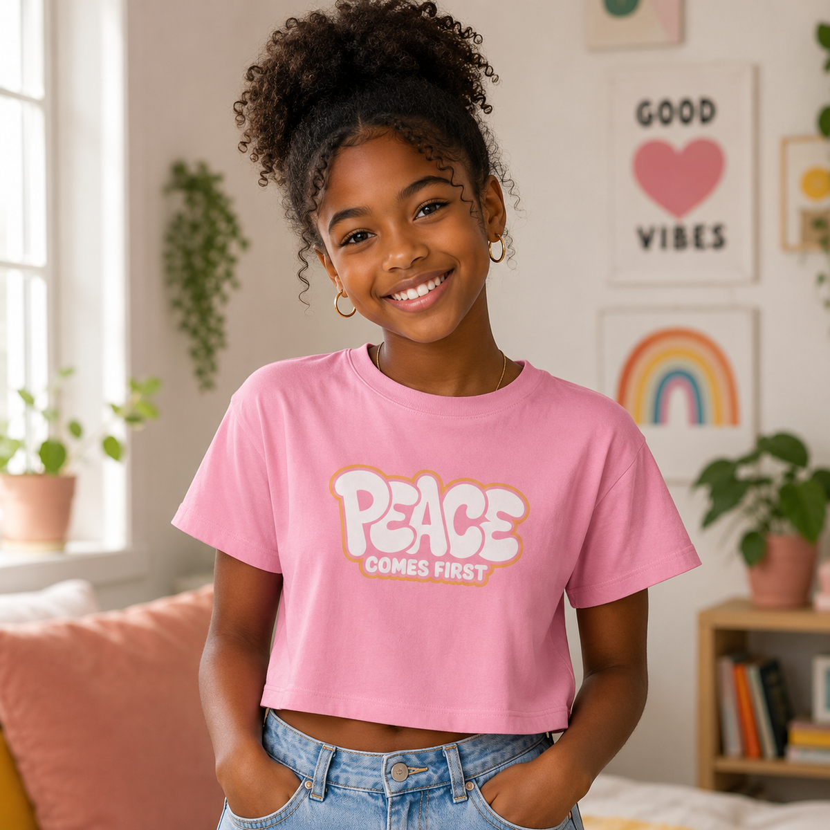 Peace Comes First | Soft Graffiti Graphic Crop Top | Women's Relaxed Fit Statement Tee | Positive Vibes Gift | McXinetje