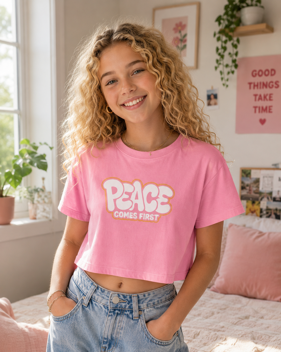 Peace Comes First | Soft Graffiti Graphic Crop Top | Women's Relaxed Fit Statement Tee | Positive Vibes Gift | McXinetje