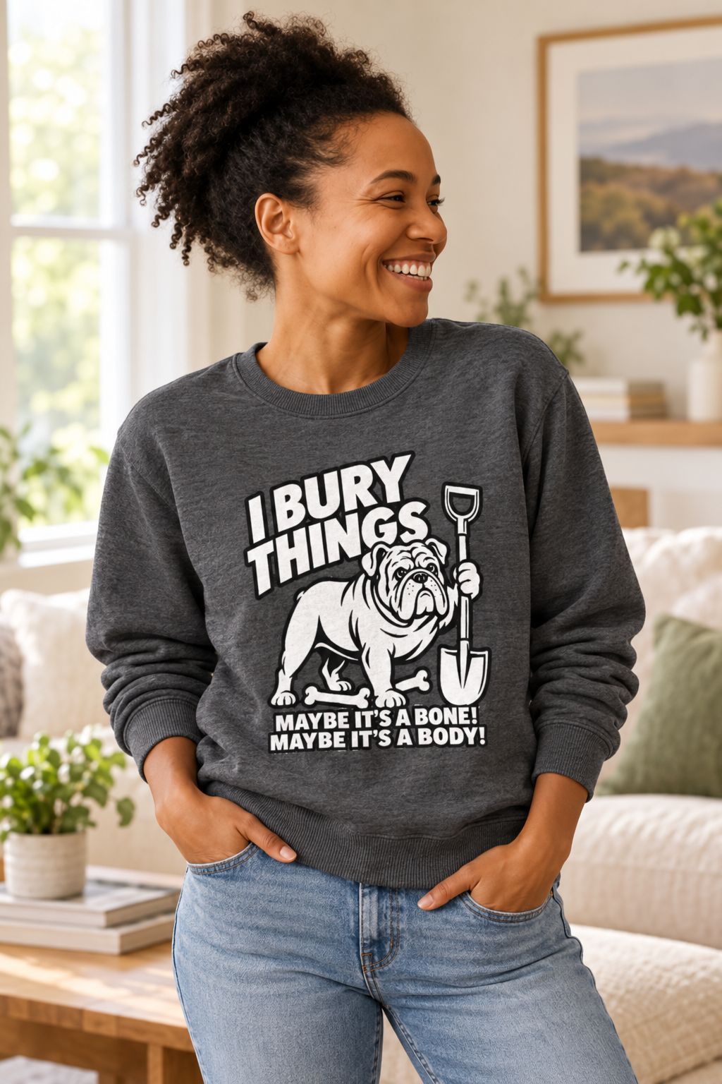 Dark grey I Bury Things bulldog knitted jumper in a bright living room