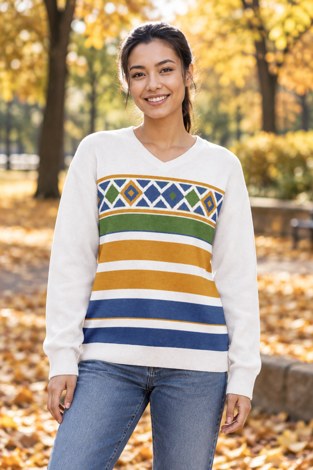 Retro Diamond Stripes Knitted V-Neck Jumper – White, Unisex
