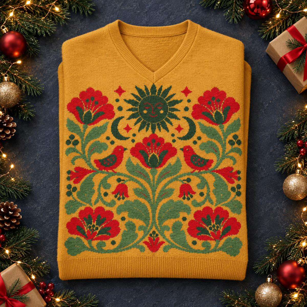 Folk Art Sun & Flowers Knitted V-Neck Jumper – Mustard, Unisex