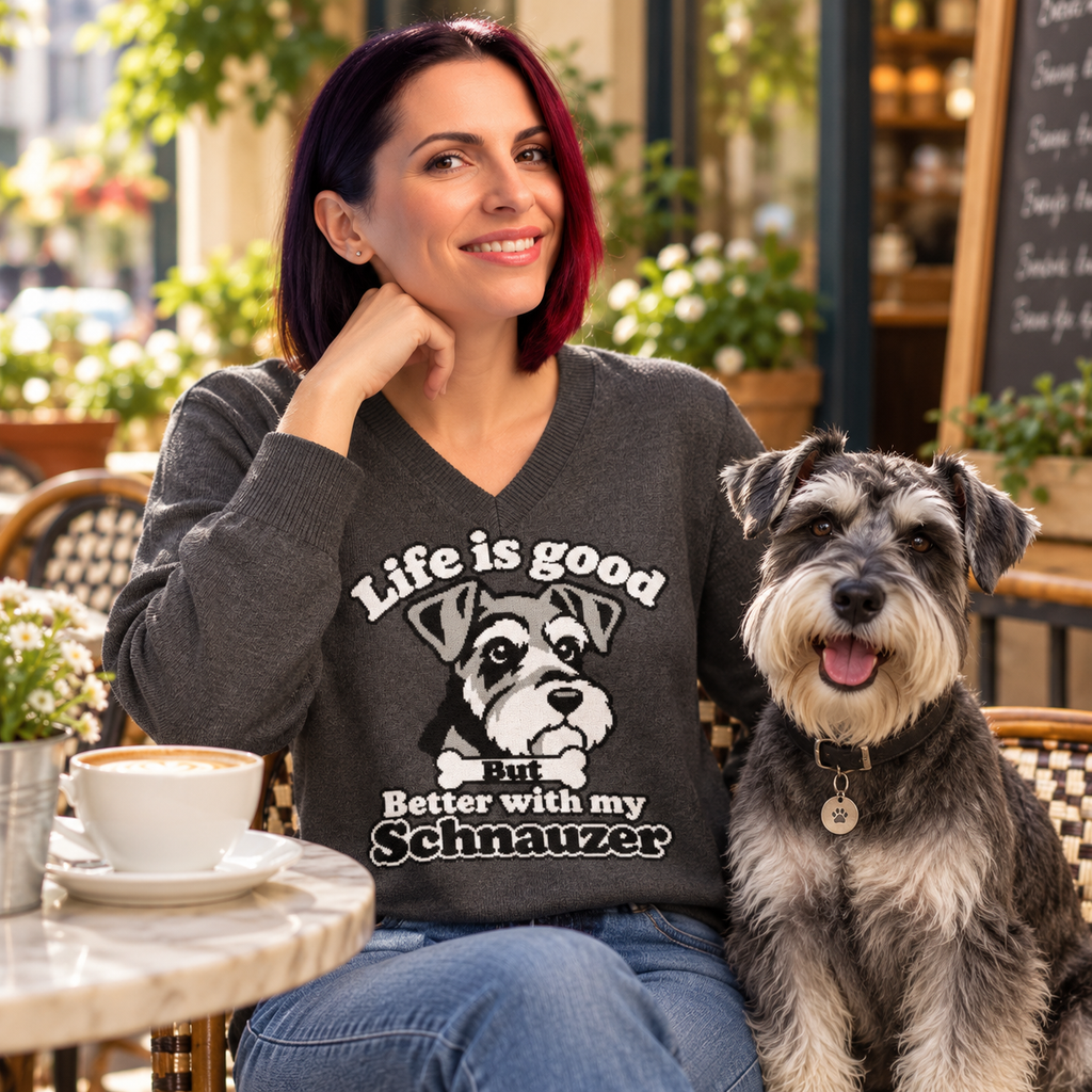 Life Is Good, But Better With My Schnauzer Knitted V-Neck Jumper – Charcoal, Unisex