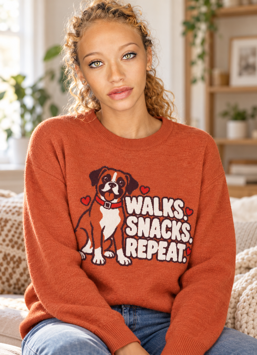 Walks. Snacks. Repeat. Boxer Dog Knitted Jumper – Orange, Unisex