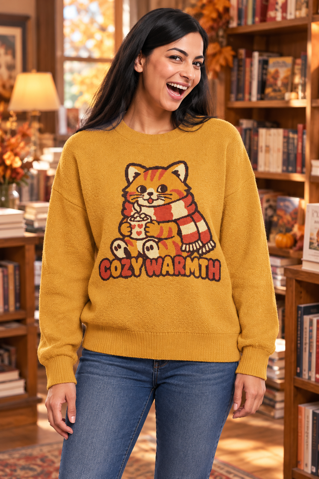 Cozy Warmth cat knitted jumper, mustard yellow, unisex – image 3