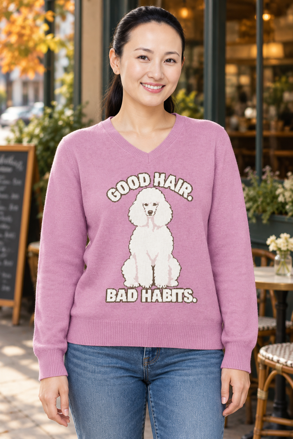 Good Hair. Bad Habits. Poodle Knitted V-Neck Jumper – Pink, Unisex
