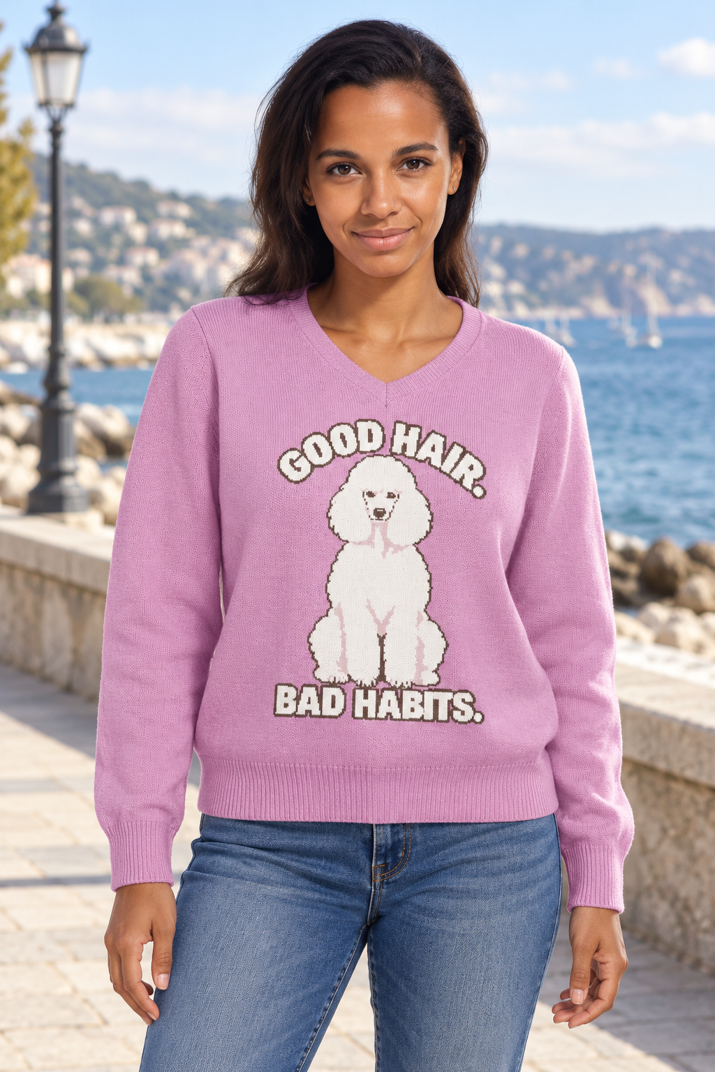 Good Hair. Bad Habits. Poodle Knitted V-Neck Jumper – Pink, Unisex