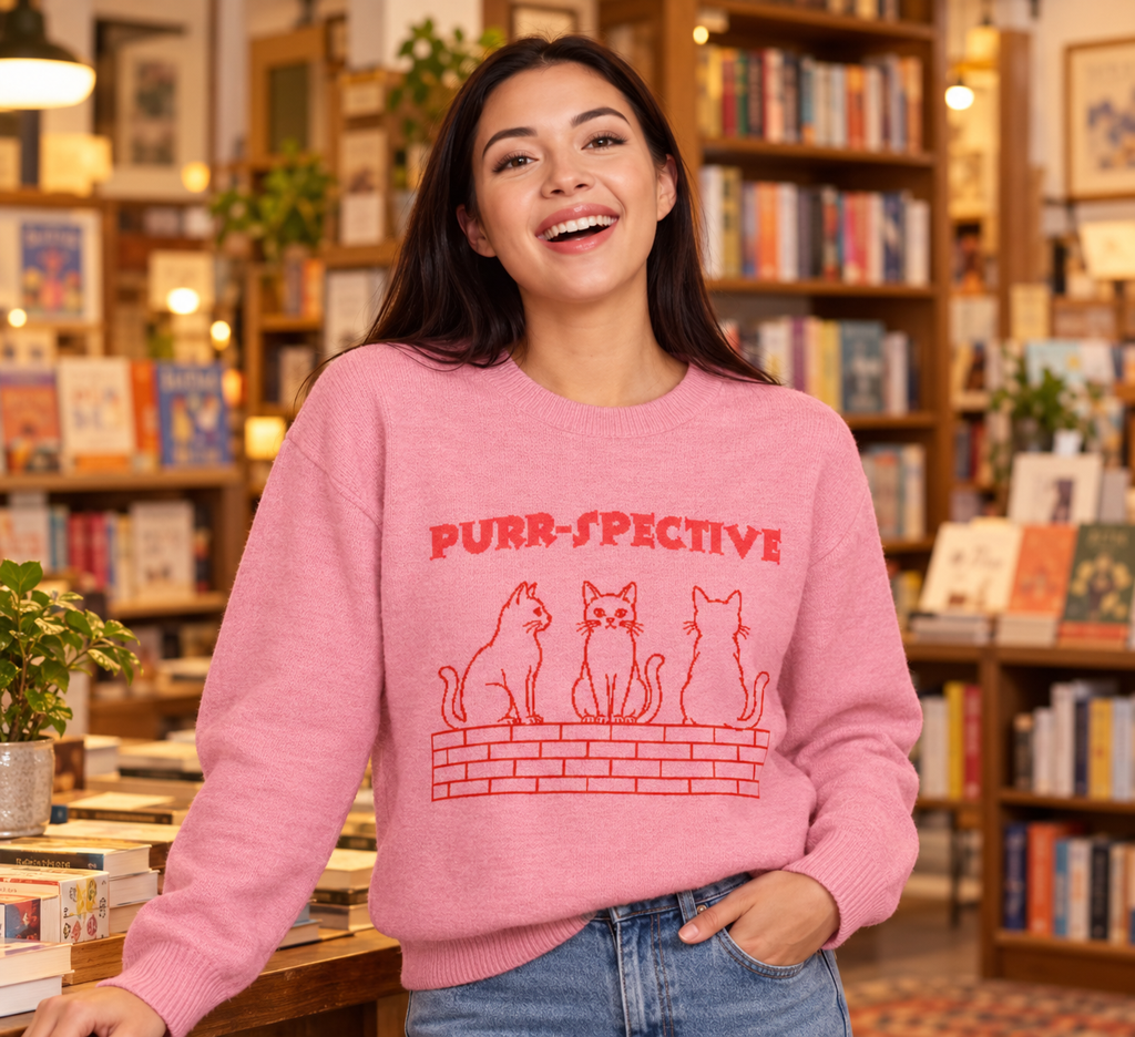 Smiling woman wearing the pink Purr-spective cat jumper with a cup of coffee