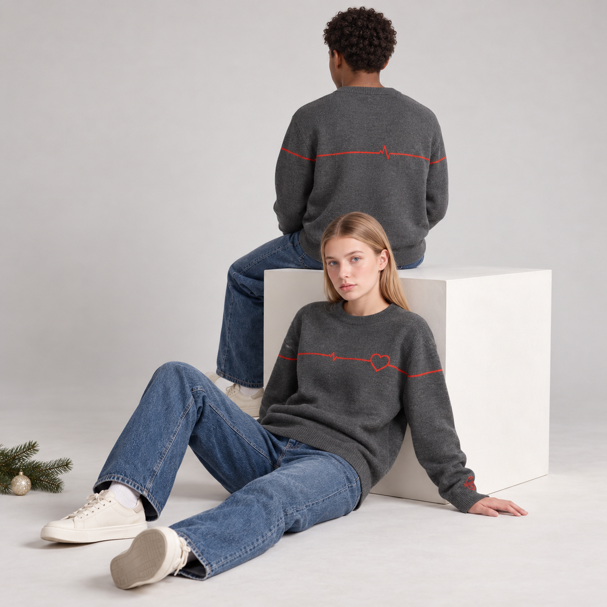 Heart Outline Knitted Jumper – Charcoal, Unisex