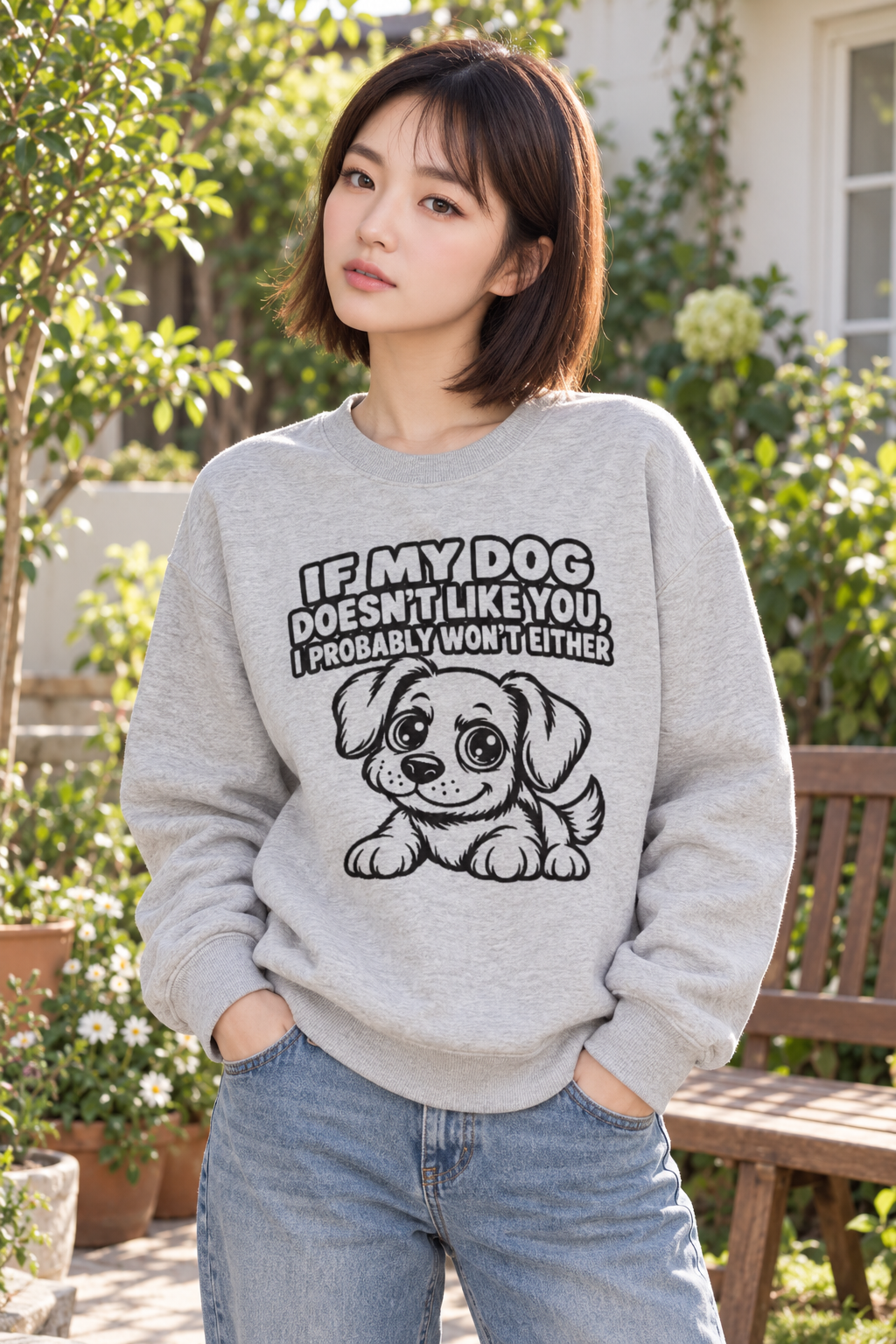 Woman in a garden wearing the light grey funny puppy knitted jumper
