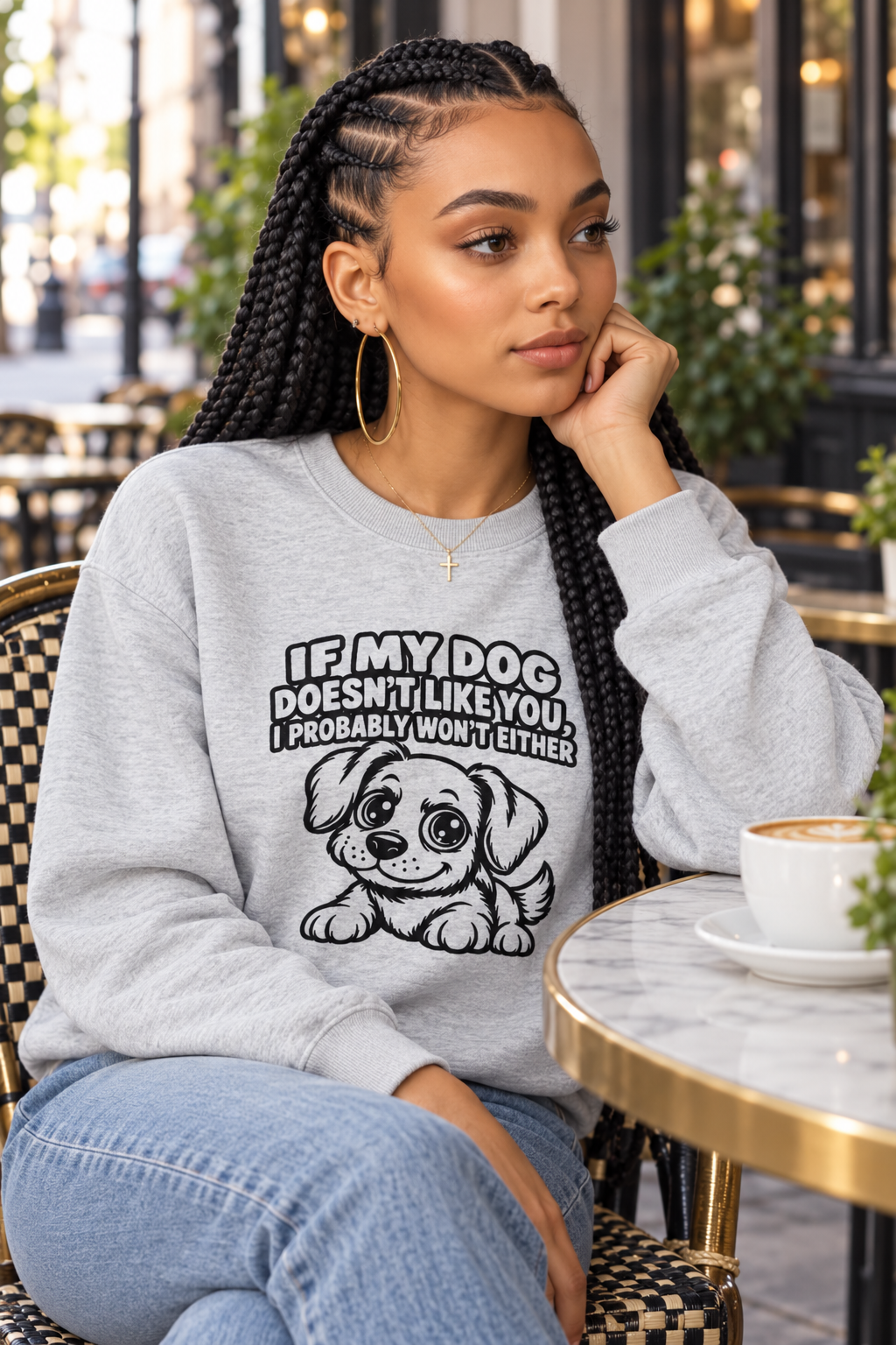Light grey puppy slogan knitted jumper worn at a cafe table
