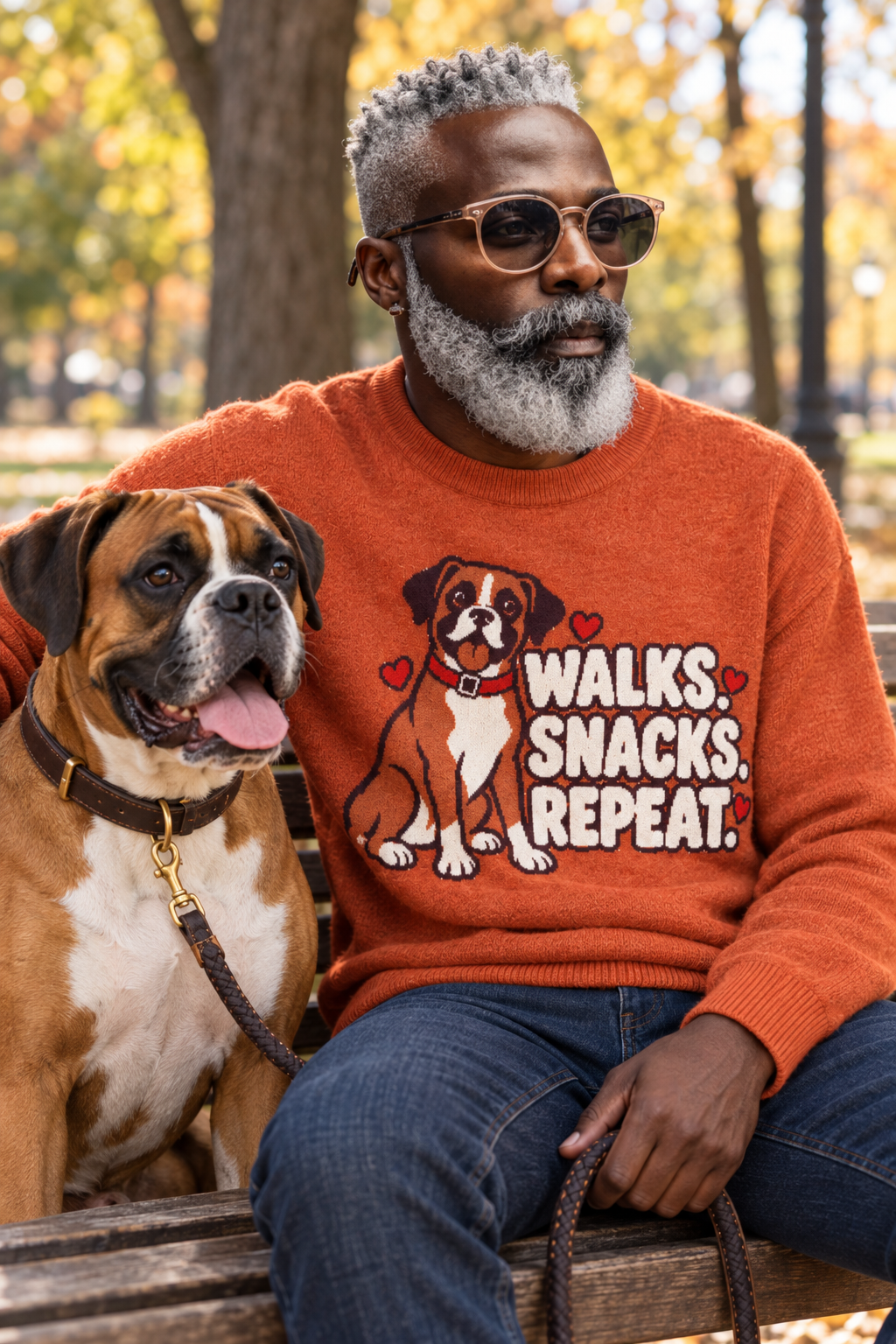 Walks. Snacks. Repeat. Boxer Dog Knitted Jumper – Orange, Unisex