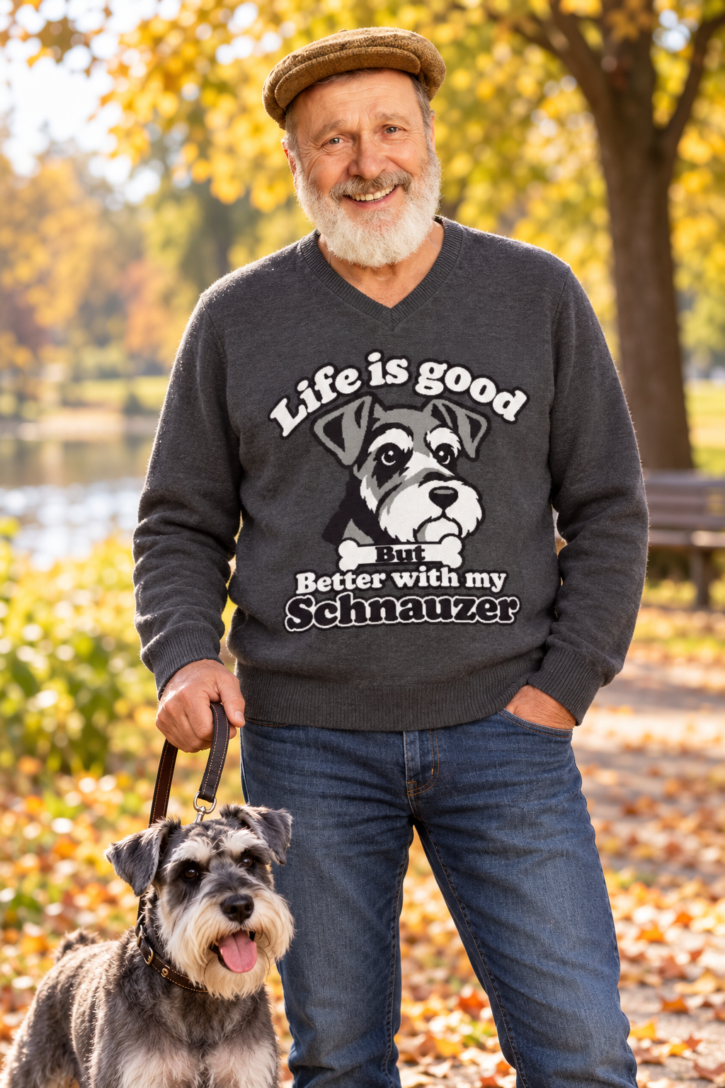 Life Is Good, But Better With My Schnauzer Knitted V-Neck Jumper – Charcoal, Unisex