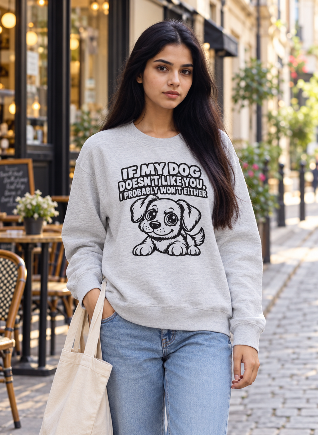 Young woman wearing the light grey 'If my dog doesn't like you' jumper on a city street