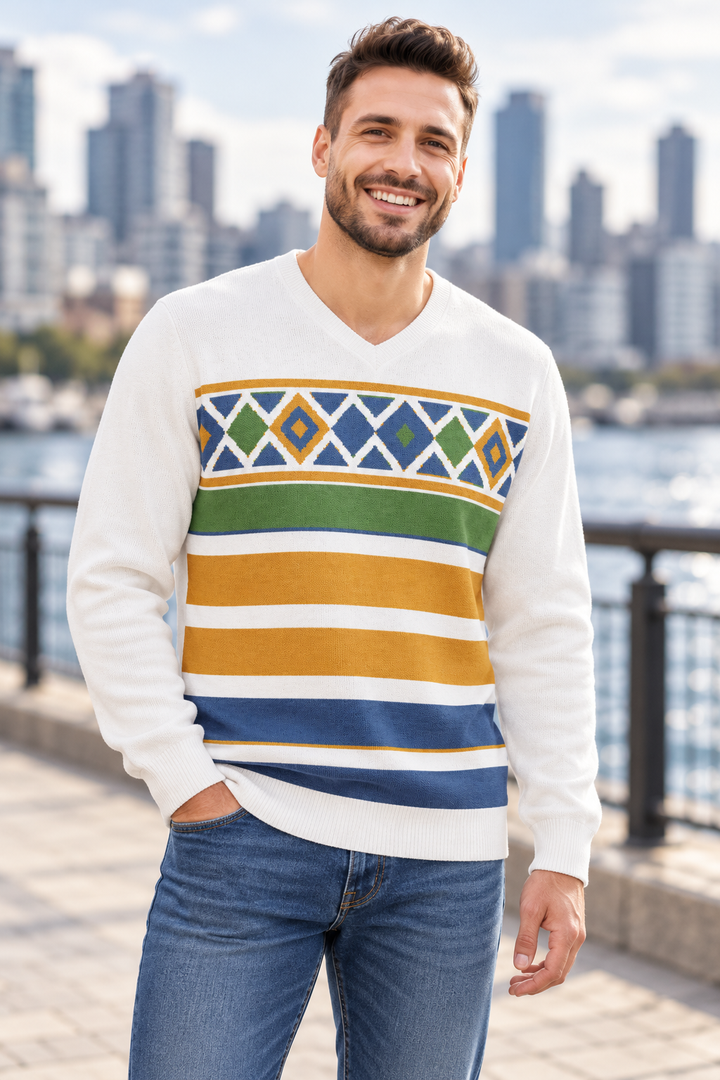Retro Diamond Stripes Knitted V-Neck Jumper – White, Unisex