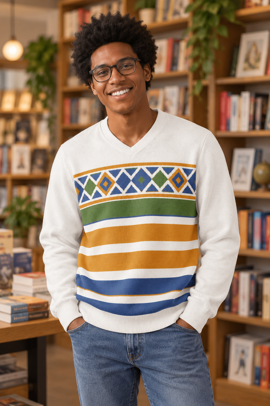 Retro Diamond Stripes Knitted V-Neck Jumper – White, Unisex
