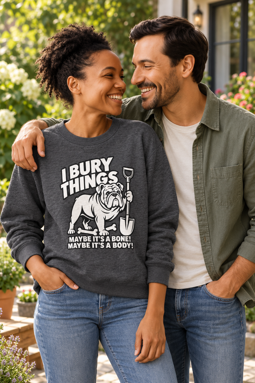 Couple in a garden, she wears the charcoal I Bury Things bulldog knitted jumper