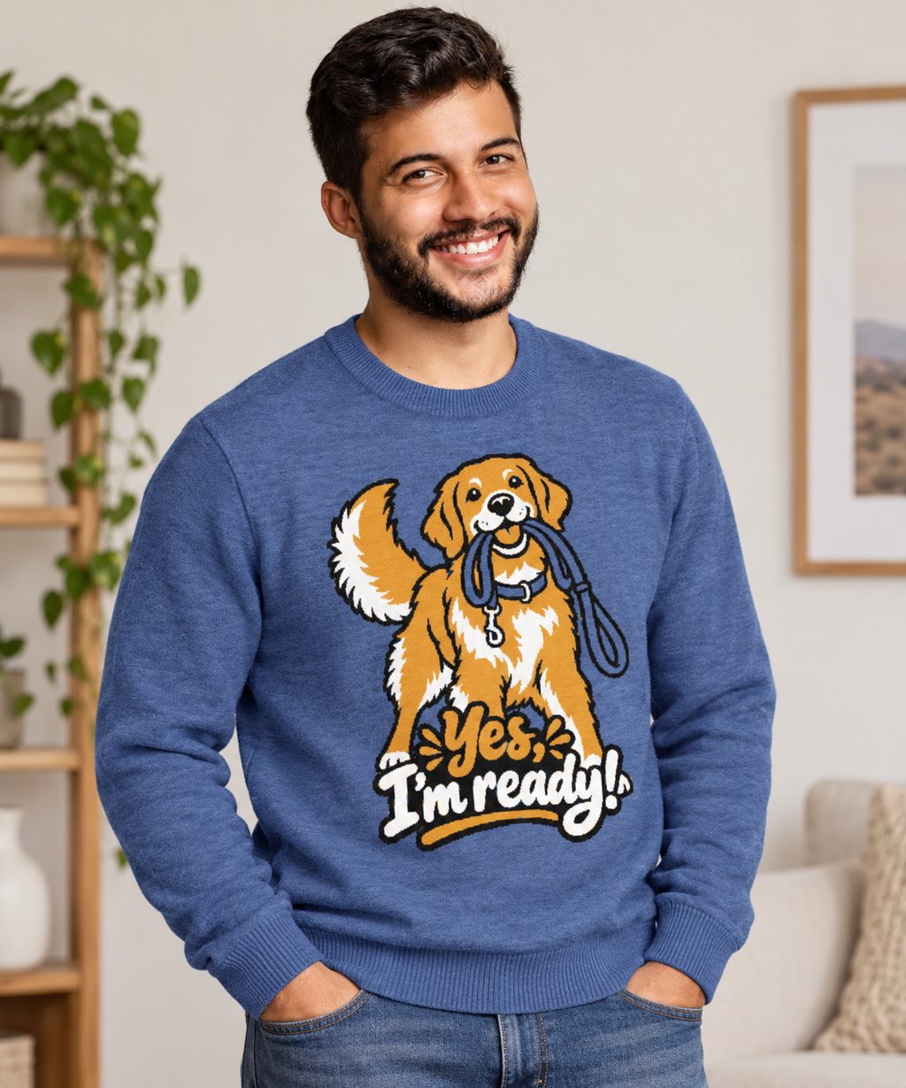 Yes, I'm Ready! Golden Retriever Knitted Jumper – Heather Blue, Unisex