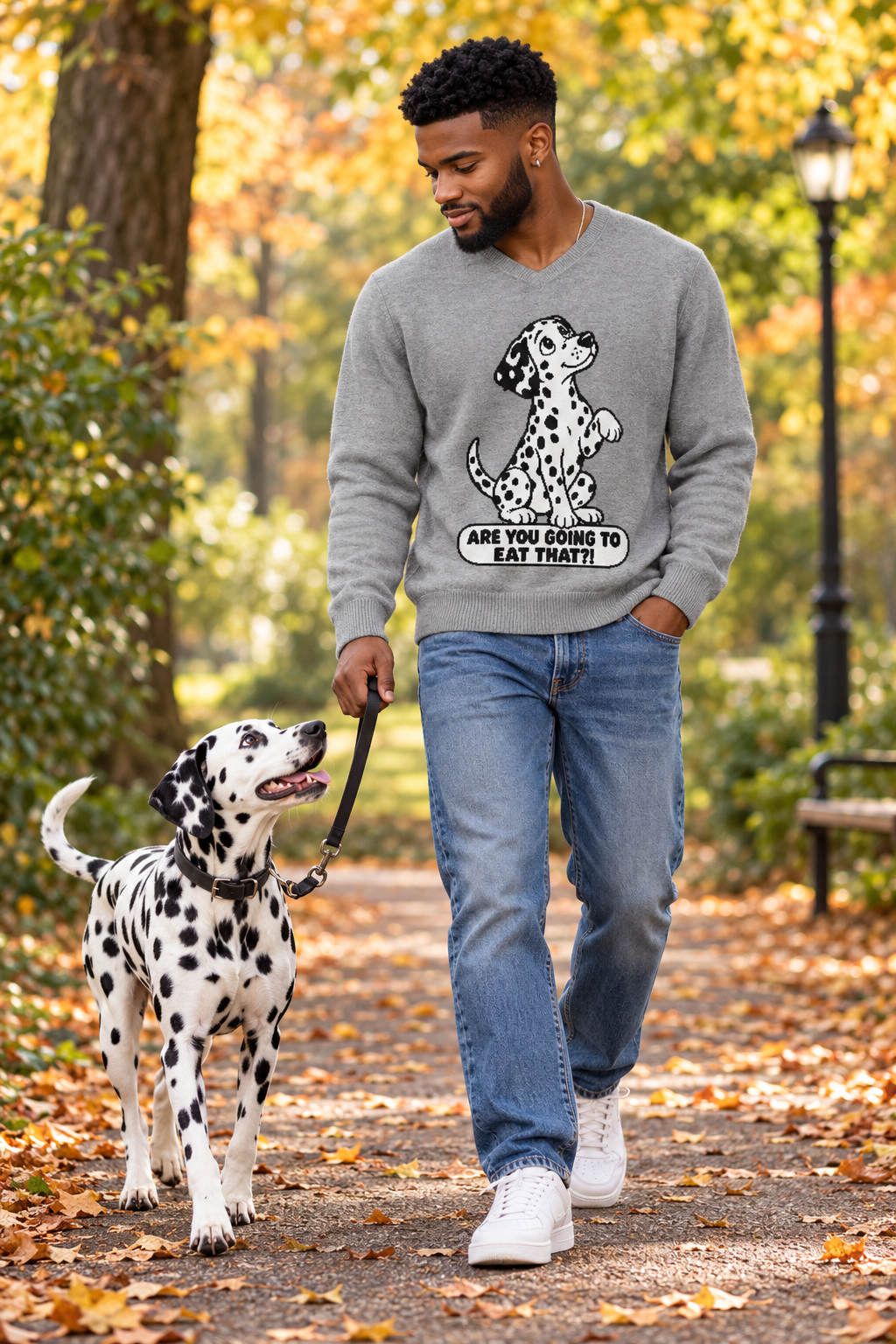 Are You Going to Eat That?! Dalmatian Knitted V-Neck Jumper – Grey, Unisex
