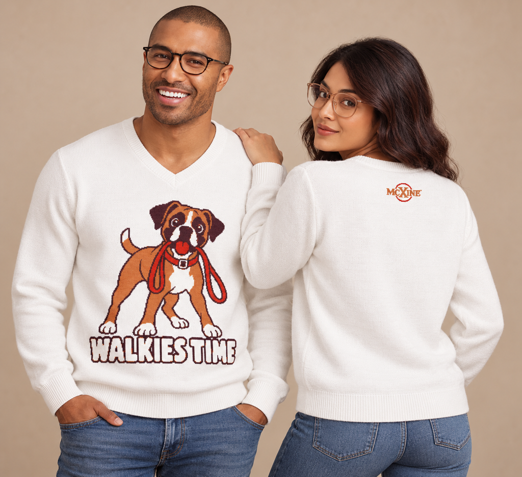 Walkies Time Boxer Dog Knitted V-Neck Jumper – White, Unisex