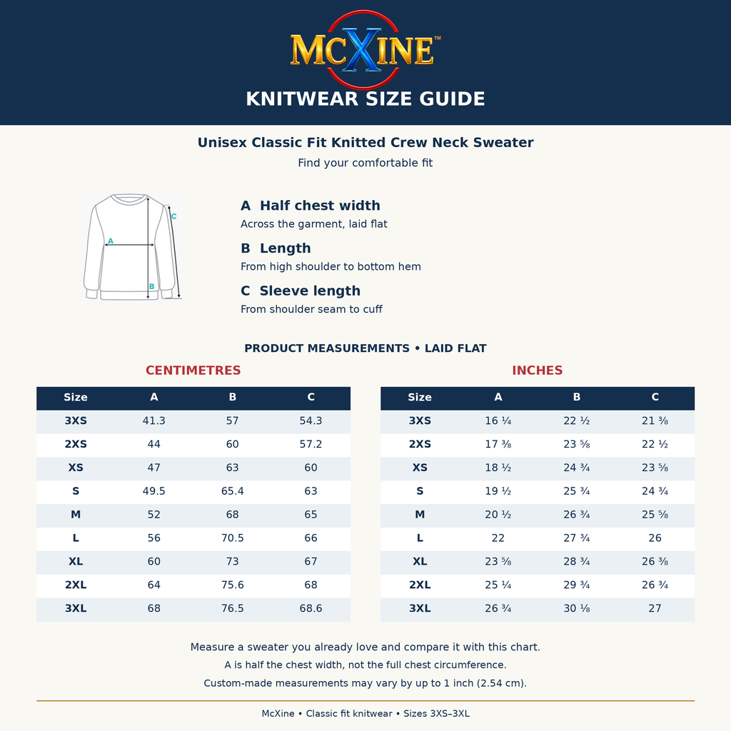 McXine classic-fit knitted crew-neck sweater size chart, sizes 3XS–3XL, measurements in centimetres and inches