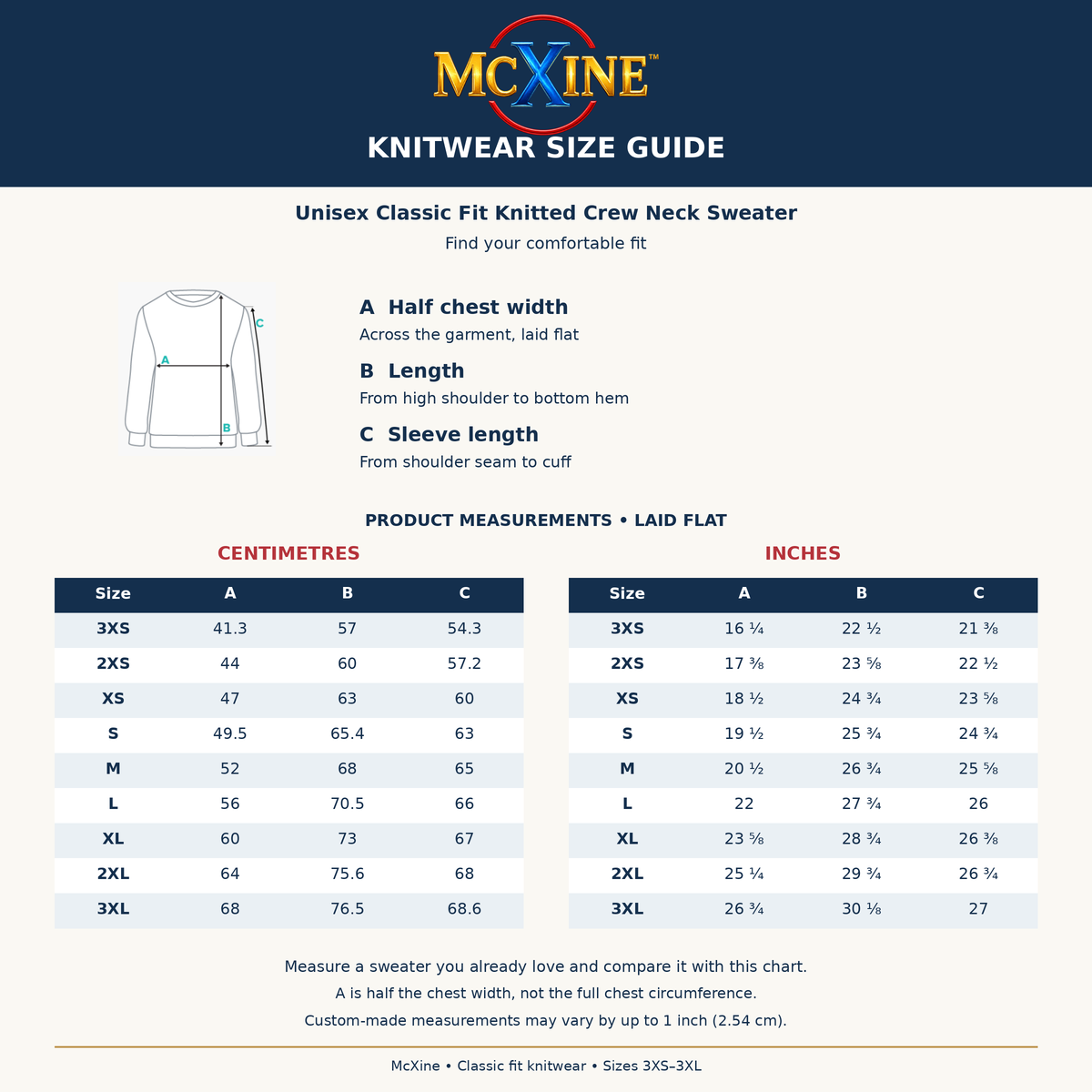 McXine classic-fit knitted crew-neck sweater size chart, sizes 3XS–3XL, measurements in centimetres and inches