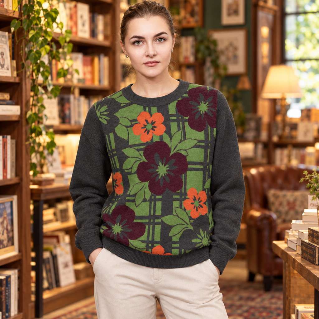 Floral Trellis Knitted Jumper – Charcoal, Unisex