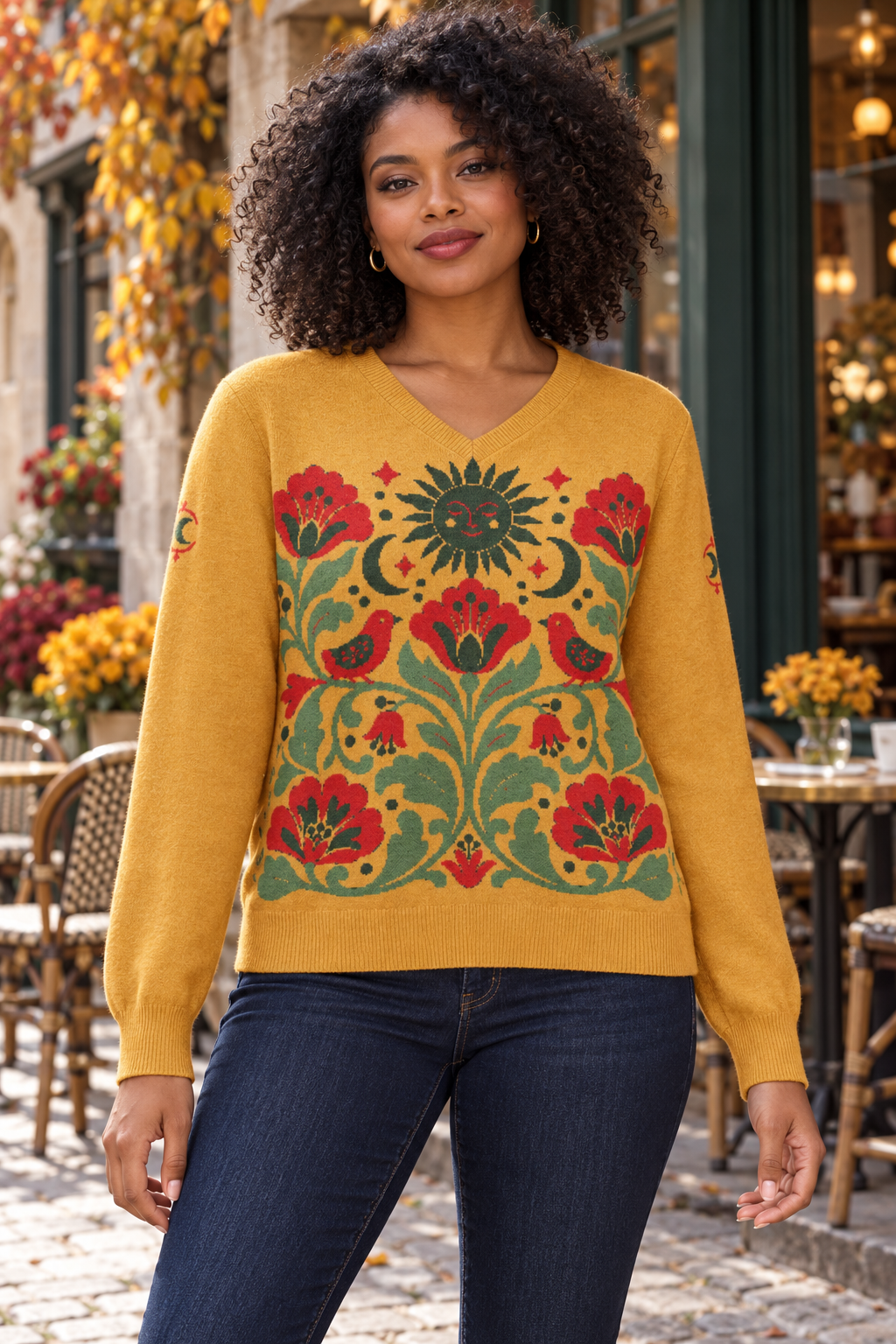 Folk Art Sun & Flowers Knitted V-Neck Jumper – Mustard, Unisex