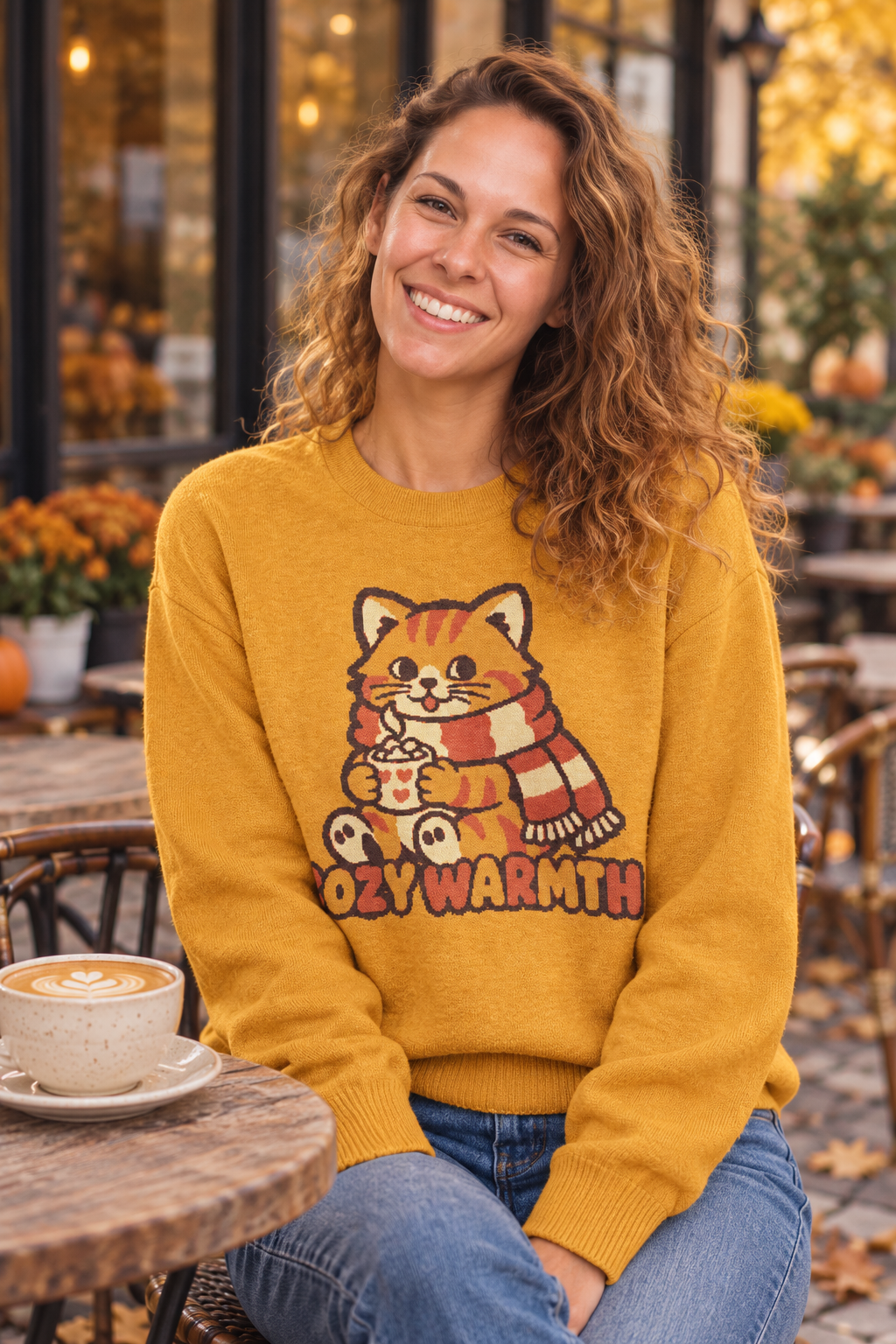 Cozy Warmth cat knitted jumper, mustard yellow, unisex – image 4