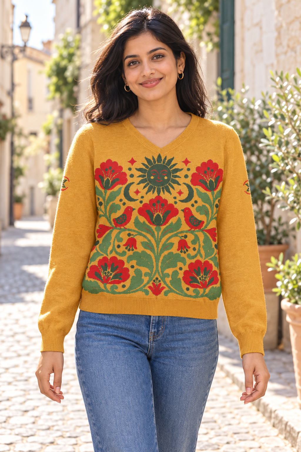 Folk Art Sun & Flowers Knitted V-Neck Jumper – Mustard, Unisex