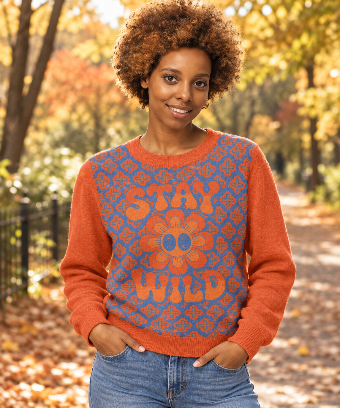 Stay Wild retro flower knitted jumper styled lifestyle photo