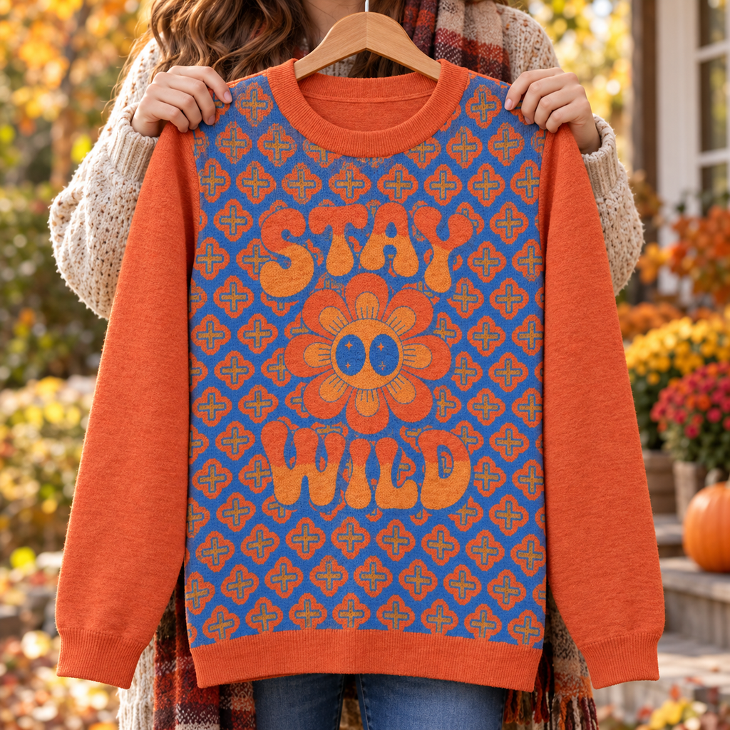 Stay Wild retro flower knitted jumper styled lifestyle photo