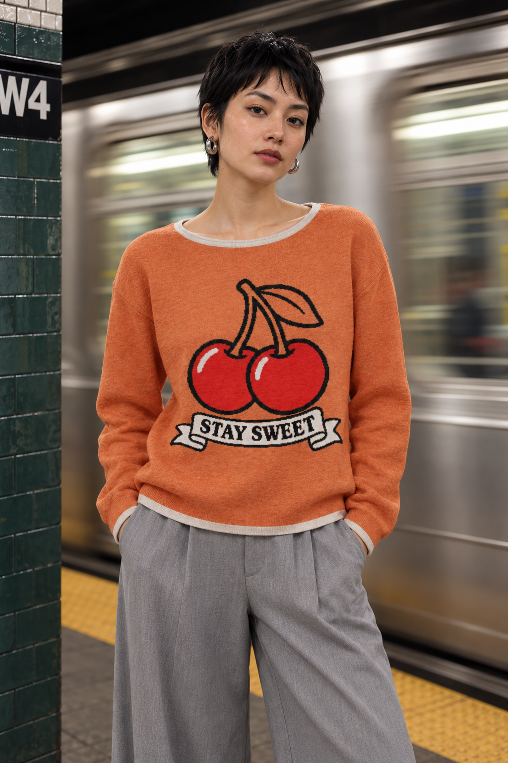 Stay Sweet Cherry Knitted Sweater – Women’s Orange Pullover | McXineWomen’s straight bottom knitted sweater